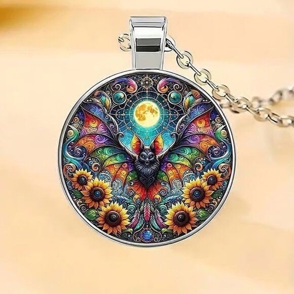 Silver BAT Halloween Glass Cabochon Pendant Necklace - Picture 3 of 3